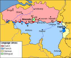 Mapa dos municípios belgas com facilidades linguísticas