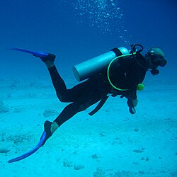 Pessoa praticando mergulho adaptado com assistência de instrutor em ambiente aquático controlado.