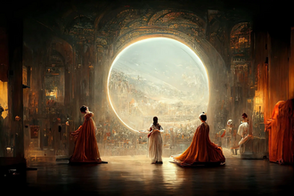Representação impressionística de figuras em uma cena de ópera futurista