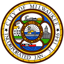 Selo da Cidade de Milwaukee exibindo diversos símbolos históricos