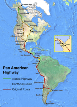 Mapa da Rodovia Pan-americana mostrando a interrupção no Darién