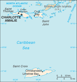 Mapa de localização das Ilhas Virgens Americanas no Caribe