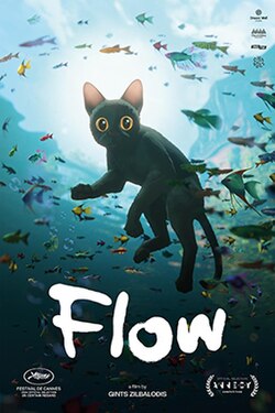 Um gato preto nada submerso enquanto um cardume de peixes nada em círculos ao seu redor.