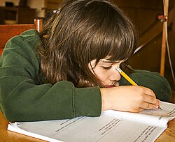 Materiais escolares e livros abertos sobre uma mesa