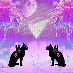 Exemplo de arte digital Vaporwave com cores neon e elementos surrealistas