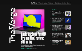 Captura de tela da página inicial do The Verge mostrando um Apple Macbook Pro M4 cercado por outras notícias em um fundo preto