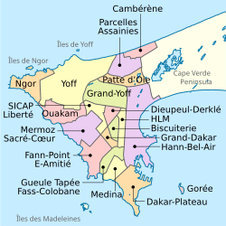 Divisão administrativa da cidade de Dakar em 19 comunas de arrondissement